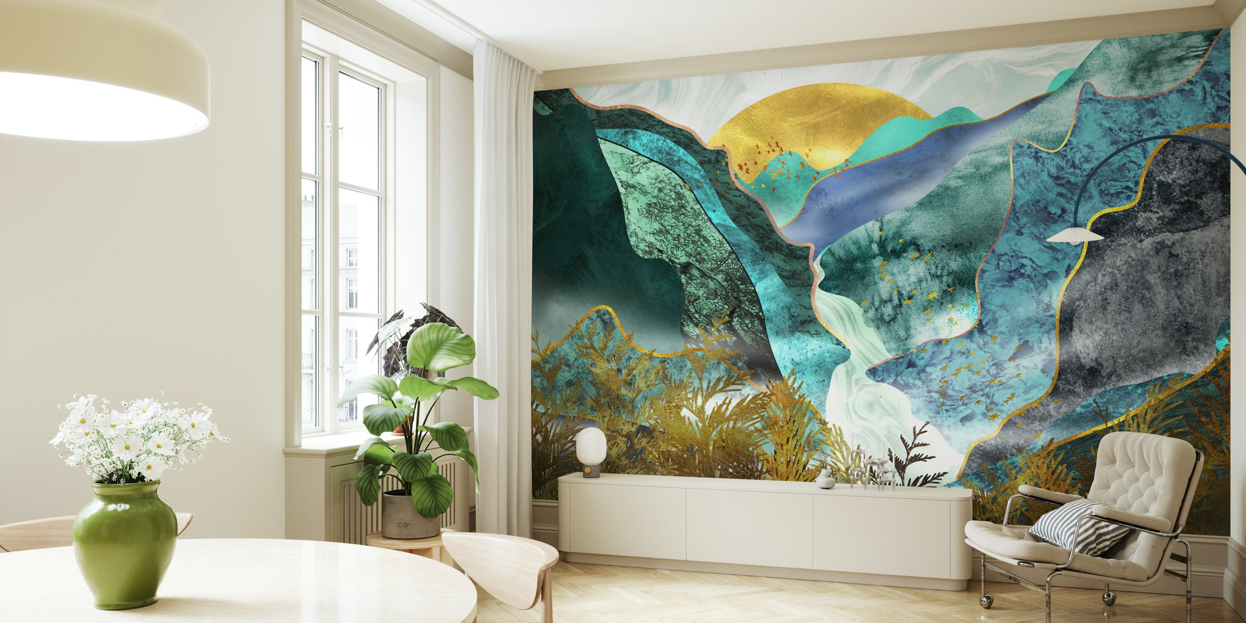 Abstract wall mural with layered valleys in shades of turquoise, gold, and black
